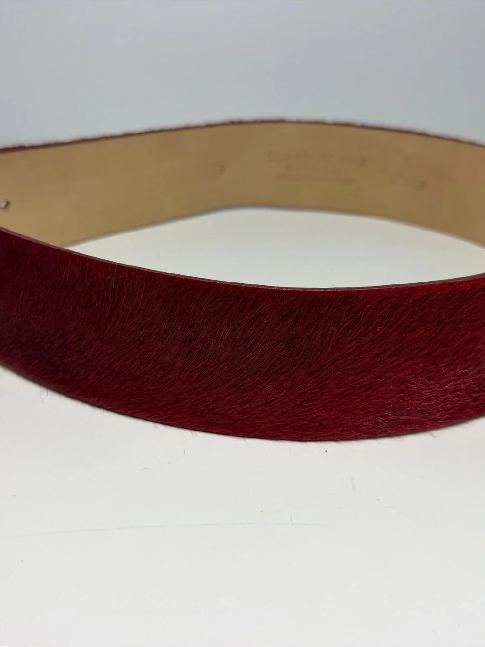 Streets Ahead Pony Hair On leather Hide Belt wide Sz Small Red Bronze Buckle USA